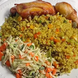 Savoury Fried Rice served with succulent Chicken and a cool, crisp Coleslaw.